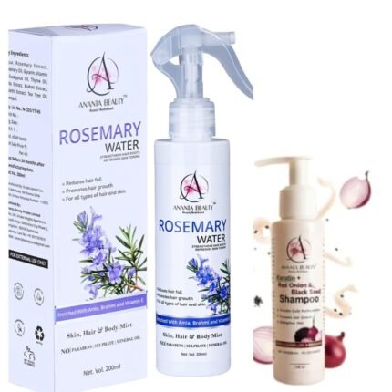 Natural rosemary water spray for stronger and healthier hair with Keratin red onion and black seed shampoo by Ananta Beauty