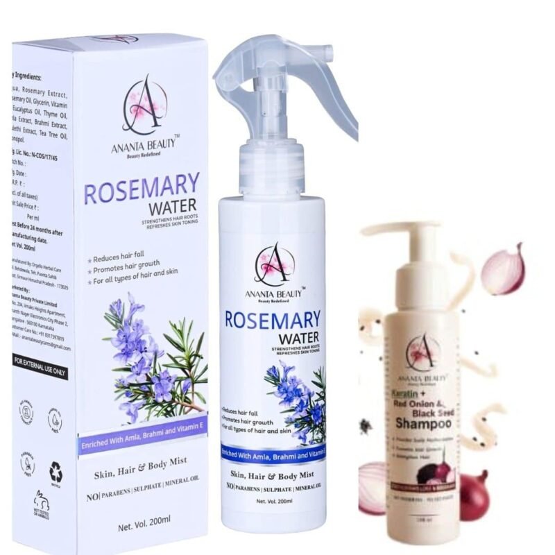 Natural rosemary water spray for stronger and healthier hair with Keratin red onion and black seed shampoo by Ananta Beauty